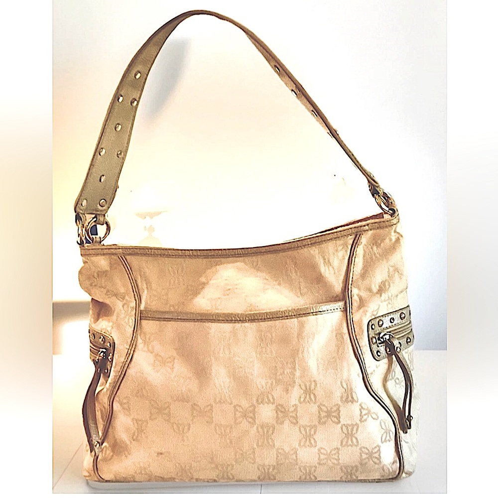 🦋PRITZI🦋 LOGO FABRIC & FAUX LEATHER METALLIC TRIM CRYSTAL STUDS 8 POCKET PURSE